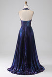 Sparkly Dark Blue A-Line Halter Pleated Metallic Long Prom Dress with Slit