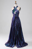 Sparkly Dark Blue A-Line Halter Pleated Metallic Long Prom Dress with Slit