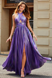 Sparkly Purple A-Line Halter Pleated Prom Dress with Slit