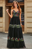 A-Line Spaghetti Straps Tulle Black Prom Dress With Embroidery