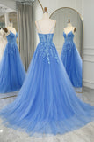 Blue A-Line Spaghetti Straps Tulle Long Prom Dress With Appliques