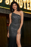 Sparkly Black One Shoulder Corset Mermaid Prom Dress With Slit