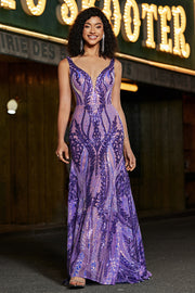 Dark Purple Mermaid V Neck Sparkly Long Prom Dress With Sequins