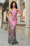 Glitter Fuchsia Mermaid Spaghetti Straps Backless Long Prom Dress
