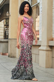 Glitter Fuchsia Mermaid Spaghetti Straps Backless Long Prom Dress