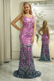 Purple Mermaid Spaghetti Straps Sparkly Sequin Long Prom Dress