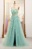 Green A-Line Spaghetti Straps Long Sparkly Prom Dress With Appliques