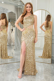Golden Mermaid One Shoulder Fringe Sparkly Sequin Prom Dress With Side Slit
