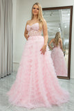 Princess Pink A Line Sweetheart Pleated Tiered Long Prom Dress
