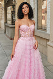 Pink A Line Sweetheart Pleated Tiered Long Prom Dress