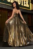 Sparkly Golden A-Line Spaghetti Straps Pleated Prom Dress with Side Slit