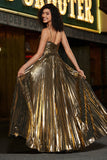 Sparkly Golden A-Line Spaghetti Straps Pleated Metallic Prom Dress with Slit