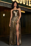 Sparkly Golden A-Line Spaghetti Straps Pleated Metallic Prom Dress with Slit