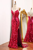 Fuchsia Mermaid Sparkly Sequins Long Prom Dress With Slit