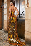 Sparkly Golden Mermaid Halter Backless Mirror Prom Dress With High Slit