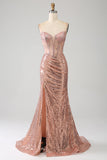 Sparkly Rose Golden Mermaid Beaded Ruched Sequin Corset Long Prom Dress with Slit