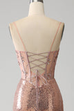 Sparkly Rose Golden Mermaid Beaded Ruched Sequin Corset Long Prom Dress with Slit