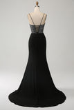 Gorgeous Black Mermaid Spaghetti Straps Strapless Sequin Prom Dresses with Slit