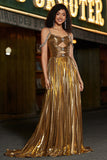 Sparkly A-Line Ruched Spaghetti Straps Beaded Metallic Prom Dress With Slit