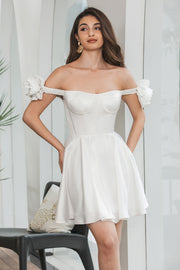 Cute White Off The Shoulder Corset Short Graduation Dress With Flowers