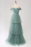 Grey Green A-Line Off The Shoulder Pleated Tiered Maxi Dress