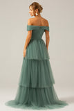 Grey Green A-Line Off The Shoulder Pleated Tiered Long Bridesmaid Dress