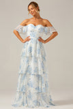 White Blue Floral A-Line Off The Shoulder Tiered Print Maxi Dress
