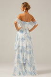 White Blue Floral A-Line Off The Shoulder Tiered Print Maxi Dress
