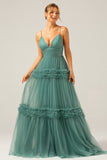 Grey Green A-Line Spaghetti Straps Pleated Backless Bridesmaid Dress