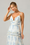 White Blue Flower A-Line Spaghetti Straps Backless Print Maxi Dress