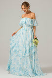 White Blue Floral Print A Line Off The Shoulder Tiered Maxi Dress