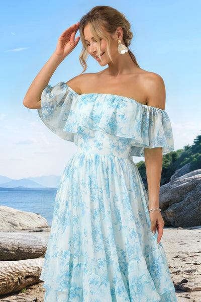 blissful glamour blue floral tiered off-the-shoulder maxi dress Wedtrend Women A Line Long Bridesmaid Dress Off The Shoulder White Blue  Floral Tiered Wedding Guest Dress – WEDTREND