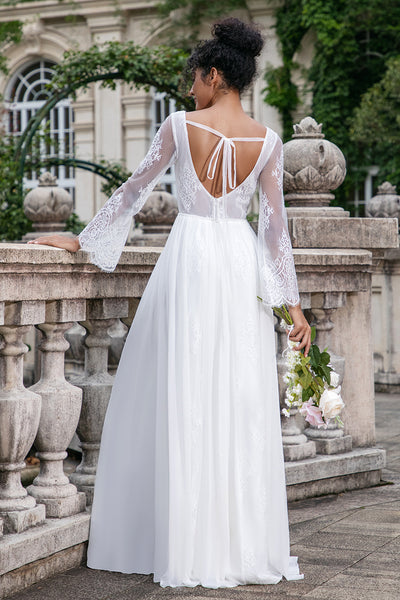 A Line Deep V-Neck Backless White Wedding Dress With Appliques  WD446