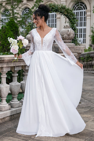 A Line Beach Wedding Dress V Neck Lace Short Sleeves Boho Bridal Gown main image 0