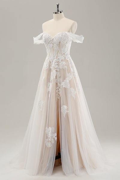 Elegant Off Shoulder White Split Lace Applique Wedding Dress, WD0467