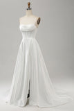 Elegant White A Line Strapless Pleated Sweep Train Corset Wedding Dress With Split