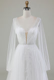 Ivory A-Line V-Neck Tulle Sweep Train Wedding Dress With Long Sleeves