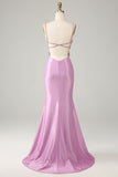Purple Mermaid Spaghetti Straps Backless Butterflies Prom Dress With Slit