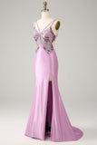 Purple Mermaid Spaghetti Straps Backless Butterflies Prom Dress With Slit