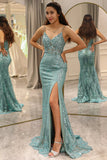 Sparkly Green Mermaid Spaghetti Straps Long Prom Dress With Slit