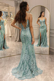 Green Mermaid Spaghetti Straps Long Prom Dress with Split Front