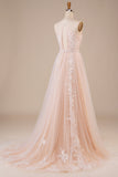 A Line Halter Sweep Train Tulle Wedding Dress with Lace