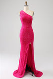 Sparkly Fuchsia Mermaid One Shoulder Sequins Prom Dress with Slit