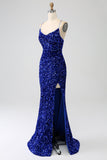 Fuchsia Mermaid Spaghetti Straps V-Neck Sequin Long Prom Dress With Split