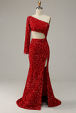 Red Mermaid One Shoulder Sequins Cut Out Prom Dress with Slit Front