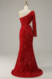 Red Mermaid One Shoulder Sequins Cut Out Prom Dress with Slit Front