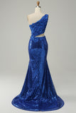 Royal Blue Mermaid One Shoulder Sequins Cut Out Prom Dress with Split Front
