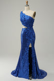 Royal Blue Mermaid One Shoulder Sequins Cut Out Prom Dress with Split Front