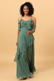 A Line Spaghetti Straps Long Chiffon Bridesmaid Dress with Ruffles