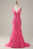Hot Pink Mermaid Deep V Neck Long Prom Dress with Open Back